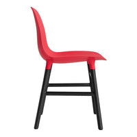 Red plastic chair with a sleek design, featuring a solid black wooden frame for contrast and durability.
