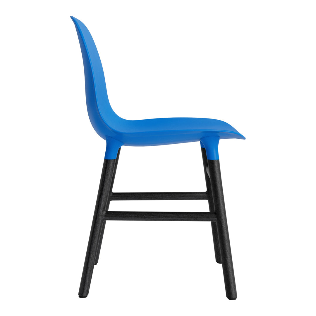 Blue plastic chair with a smooth surface and black wooden legs, featuring a sleek, modern design.
