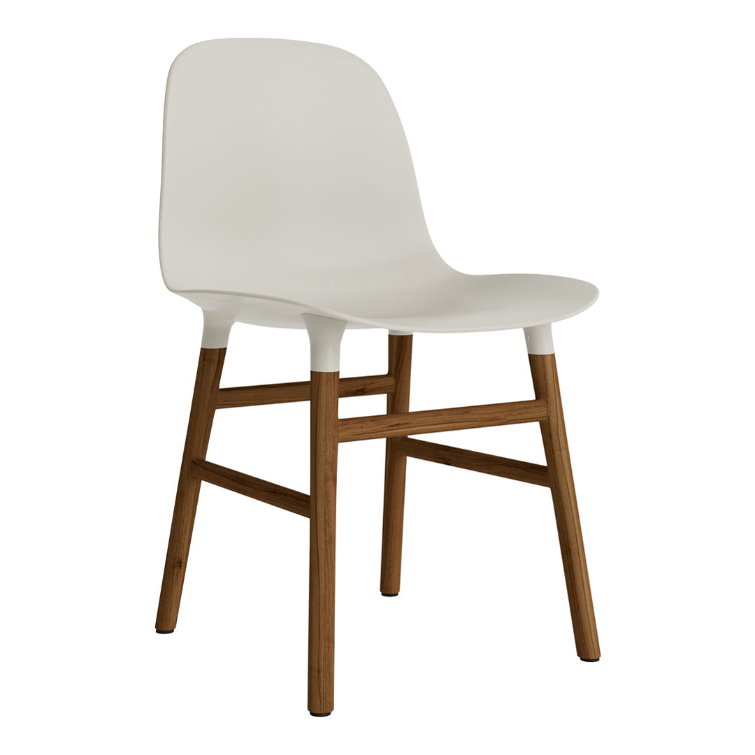 White modern chair with natural wood legs, featuring a sleek minimalistic design and smooth, clean lines.