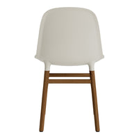 Light gray chair with a smooth, curved seat and natural wood legs, featuring a minimalist design and neutral tones.
