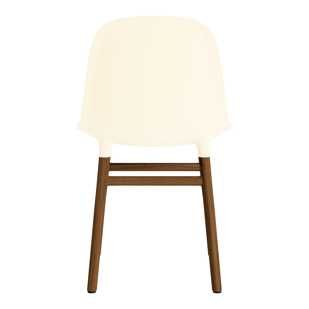 Cream chair with a smooth, matte finish and dark brown wooden legs in a modern, minimalist design.