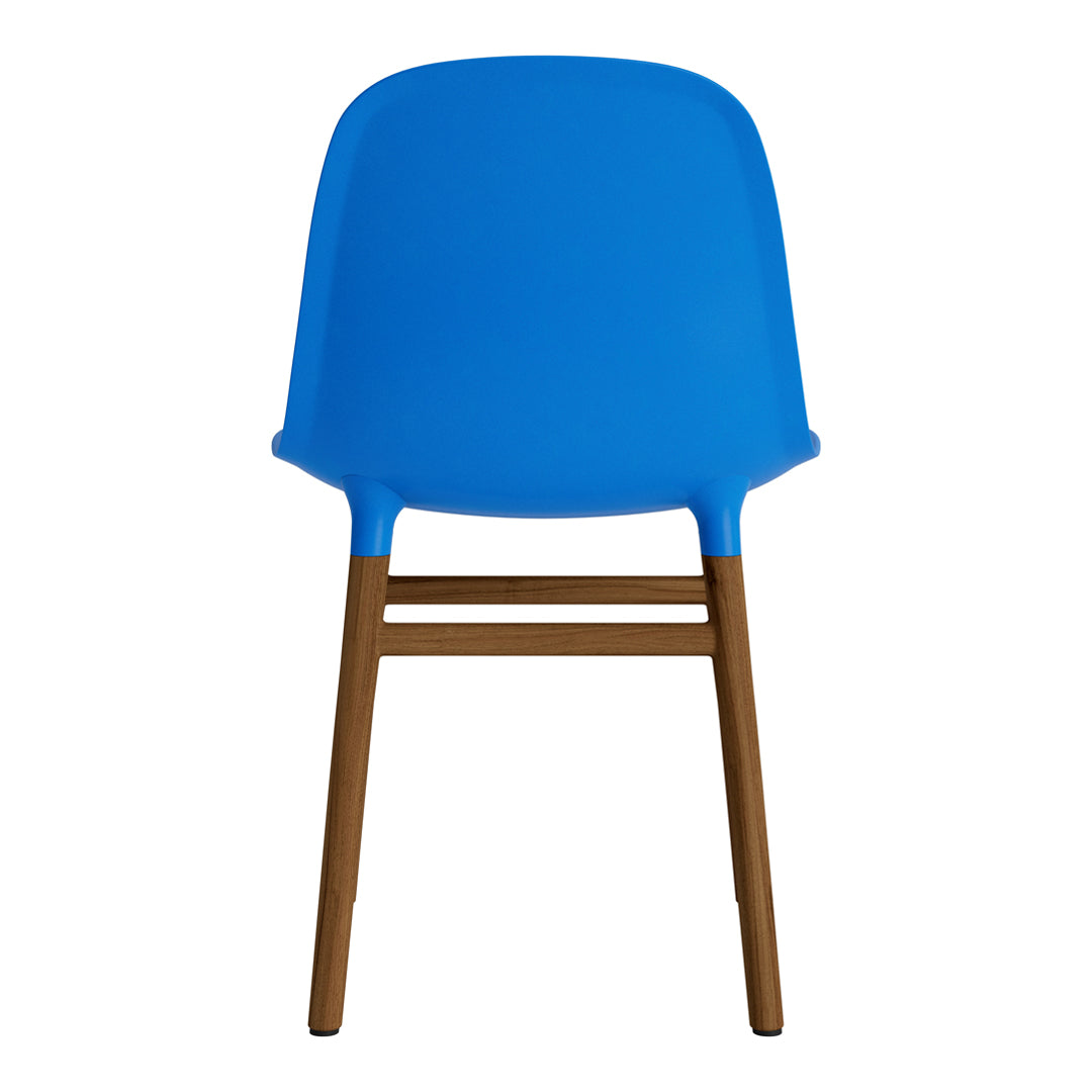Bright blue chair with a smooth finish and natural wooden legs, adding a vibrant touch to any space.
