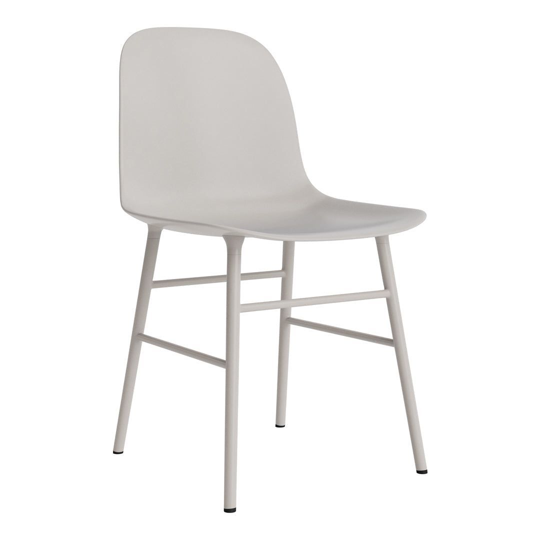 Light gray chair with a minimalist design and white metal legs, featuring smooth, simple contours.