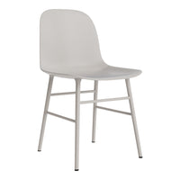Light gray chair with a minimalist design and white metal legs, featuring smooth, simple contours.