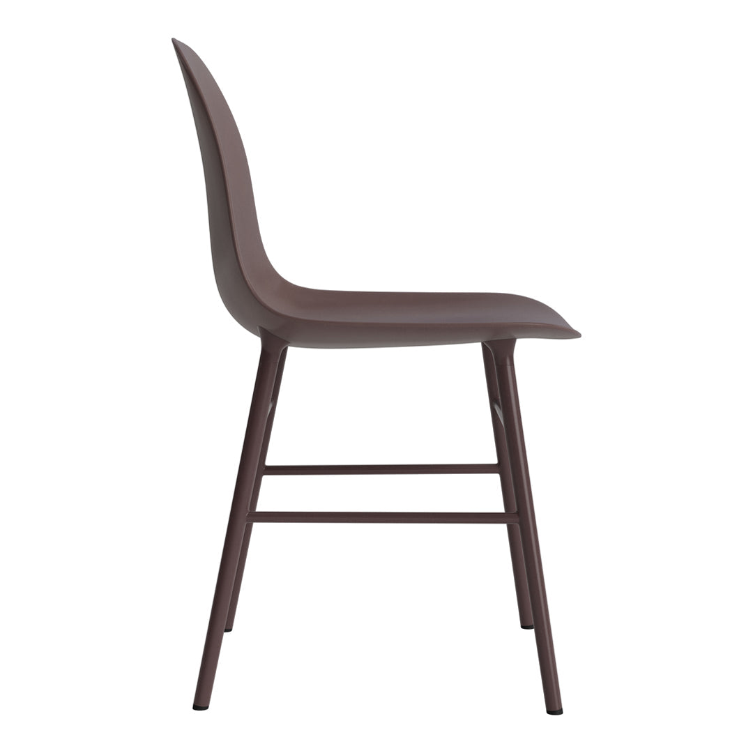 "Side view of a sleek brown chair with a smooth, minimalist design and metal legs."