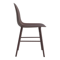 "Side view of a sleek brown chair with a smooth, minimalist design and metal legs."