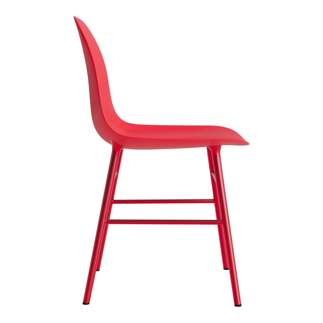 Side view of a sleek, modern chair in vibrant red with a smooth, minimalistic design and no visible patterns.