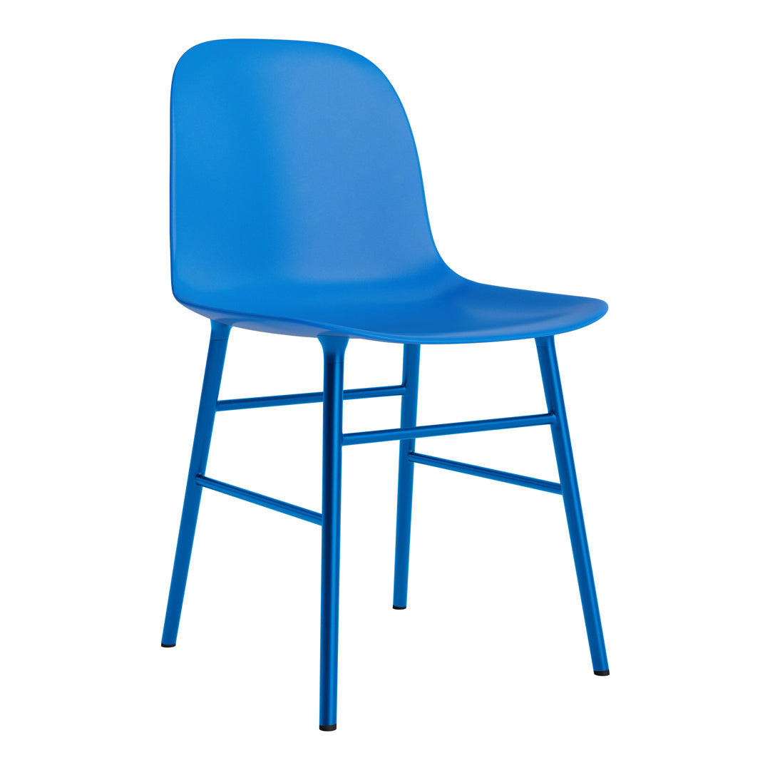 Vibrant blue plastic chair with a smooth surface and minimalist design, featuring a sturdy metal base.