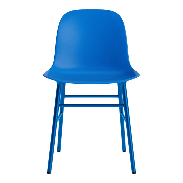 Vibrant blue chair with a smooth, minimalistic design and sturdy metal legs, perfect for modern interiors.