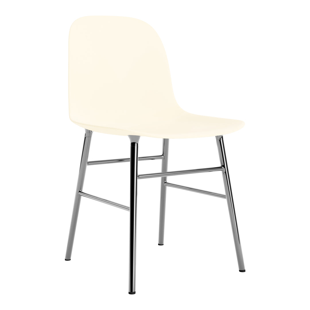 Cream-colored chair with a smooth finish and sleek chrome legs, perfect for minimalist decor.