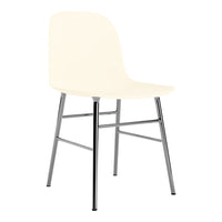 Cream-colored chair with a smooth finish and sleek chrome legs, perfect for minimalist decor.