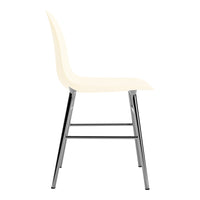 "Modern white chair with a sleek chrome base, featuring a minimalist design and smooth, glossy finish."