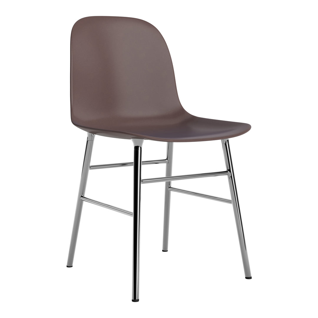 Brown plastic chair with a sleek chrome frame, modern design, and smooth, minimalist finish.
