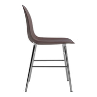Brown upholstered chair with a sleek chrome frame and smooth, minimalistic design. Perfect for modern decor.
