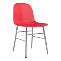 Bright red plastic chair with a sleek chrome frame, showcasing a modern minimalist design.