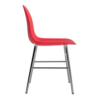 Red ergonomic chair with a sleek chrome base, featuring a modern minimalist design. Ideal for contemporary spaces.