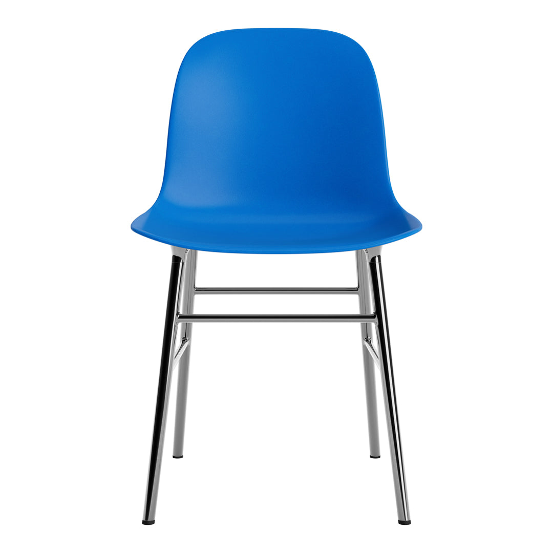 Bright blue plastic chair with sleek chrome legs, minimalist design and smooth surfaces. Perfect for modern spaces.