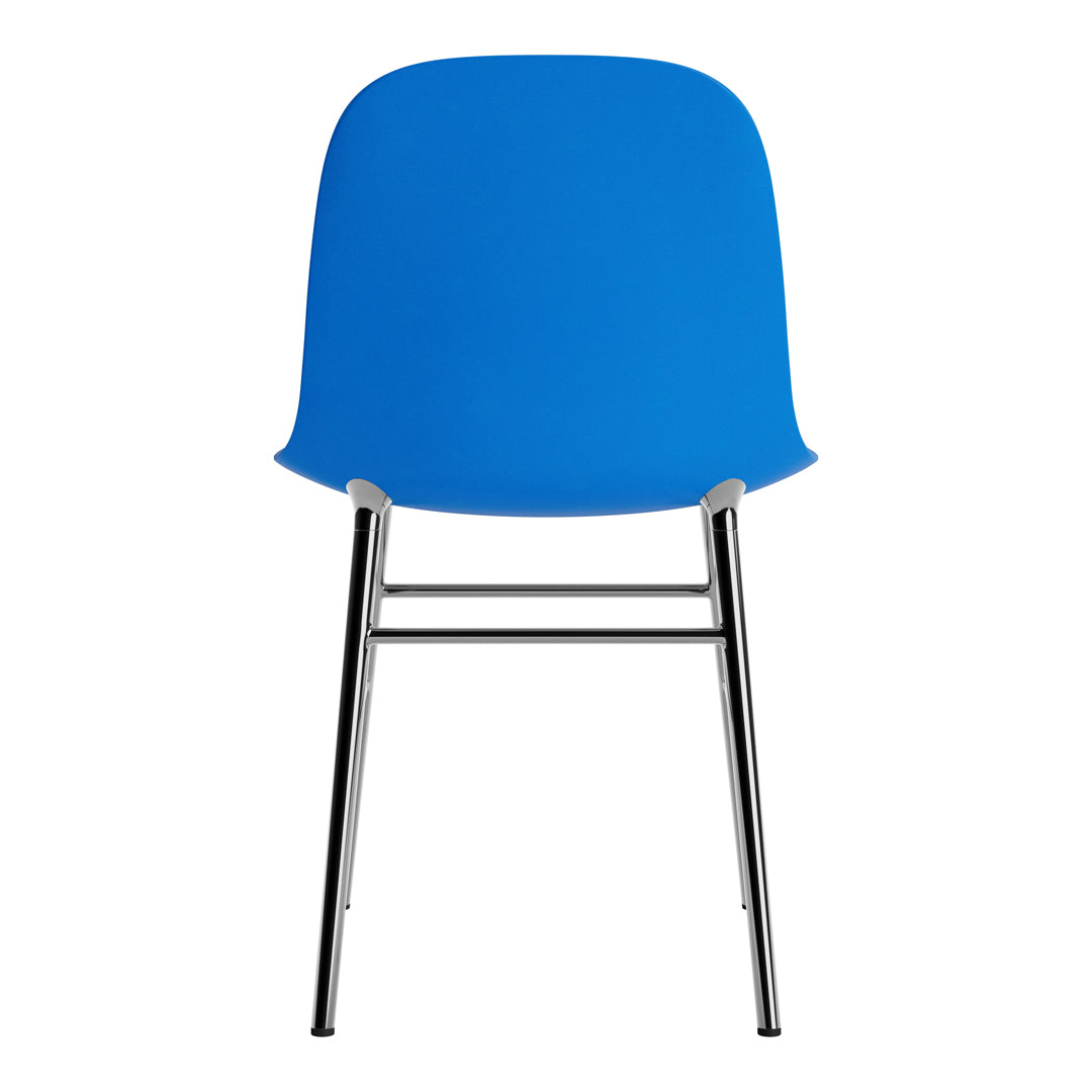 Bright blue chair with a smooth finish and sleek chrome legs, perfect for modern decor.