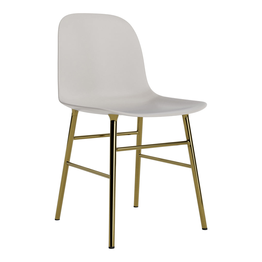 White molded chair with sleek gold metal legs, featuring a minimalist design and smooth finish.