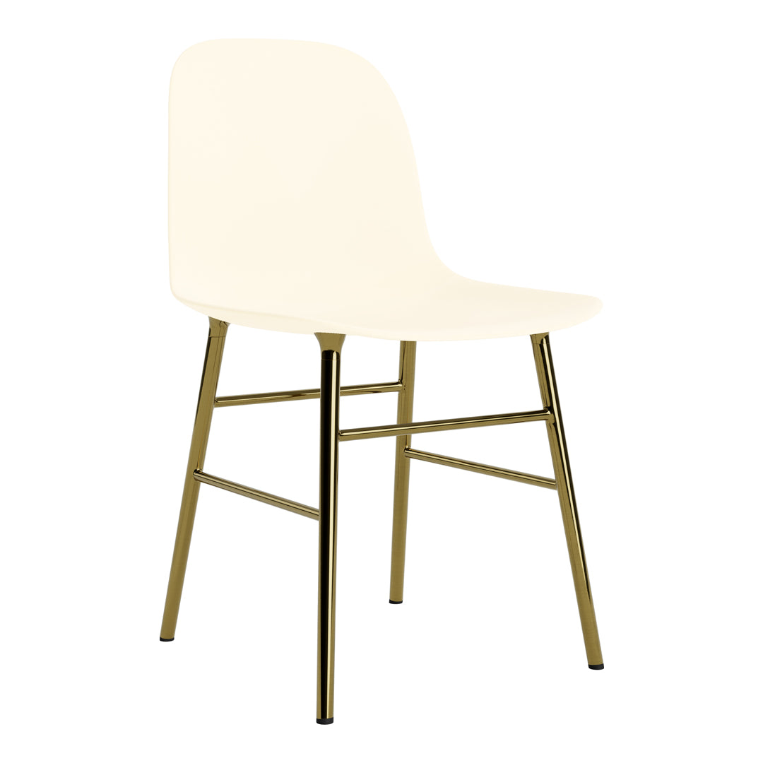 Cream-colored chair with a sleek gold metal frame, featuring a minimalist design and smooth surface.