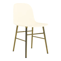 Cream-colored chair with a sleek gold metal frame, featuring a minimalist design and smooth surface.