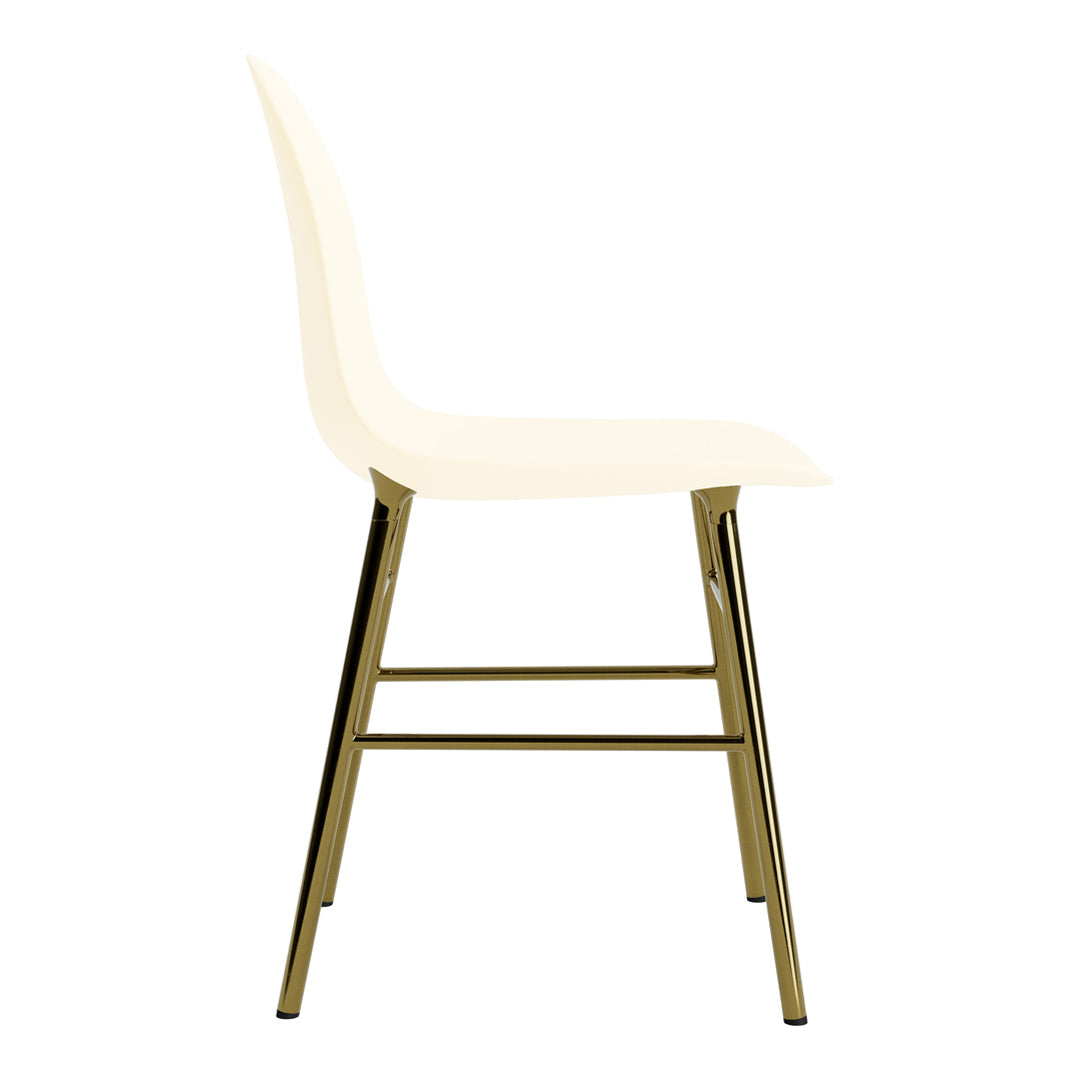 Cream-colored chair with sleek gold metal legs, showcasing a minimalist design and smooth, modern finish.