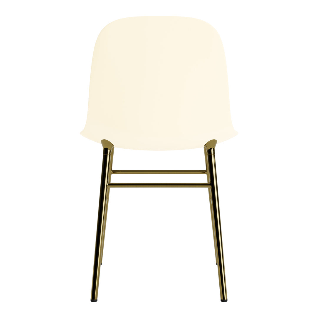 Cream-colored modern chair with sleek gold metal legs and a minimalist design. Perfect for contemporary interiors.