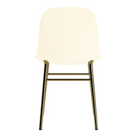 Cream-colored modern chair with sleek gold metal legs and a minimalist design. Perfect for contemporary interiors.