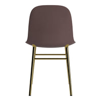 Brown chair with a sleek, curved design and gold metal legs, showcasing a modern and minimalist aesthetic.