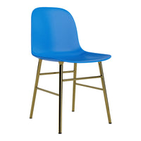 Bright blue chair with a smooth plastic seat and sleek gold metal legs, perfect for modern decor.
