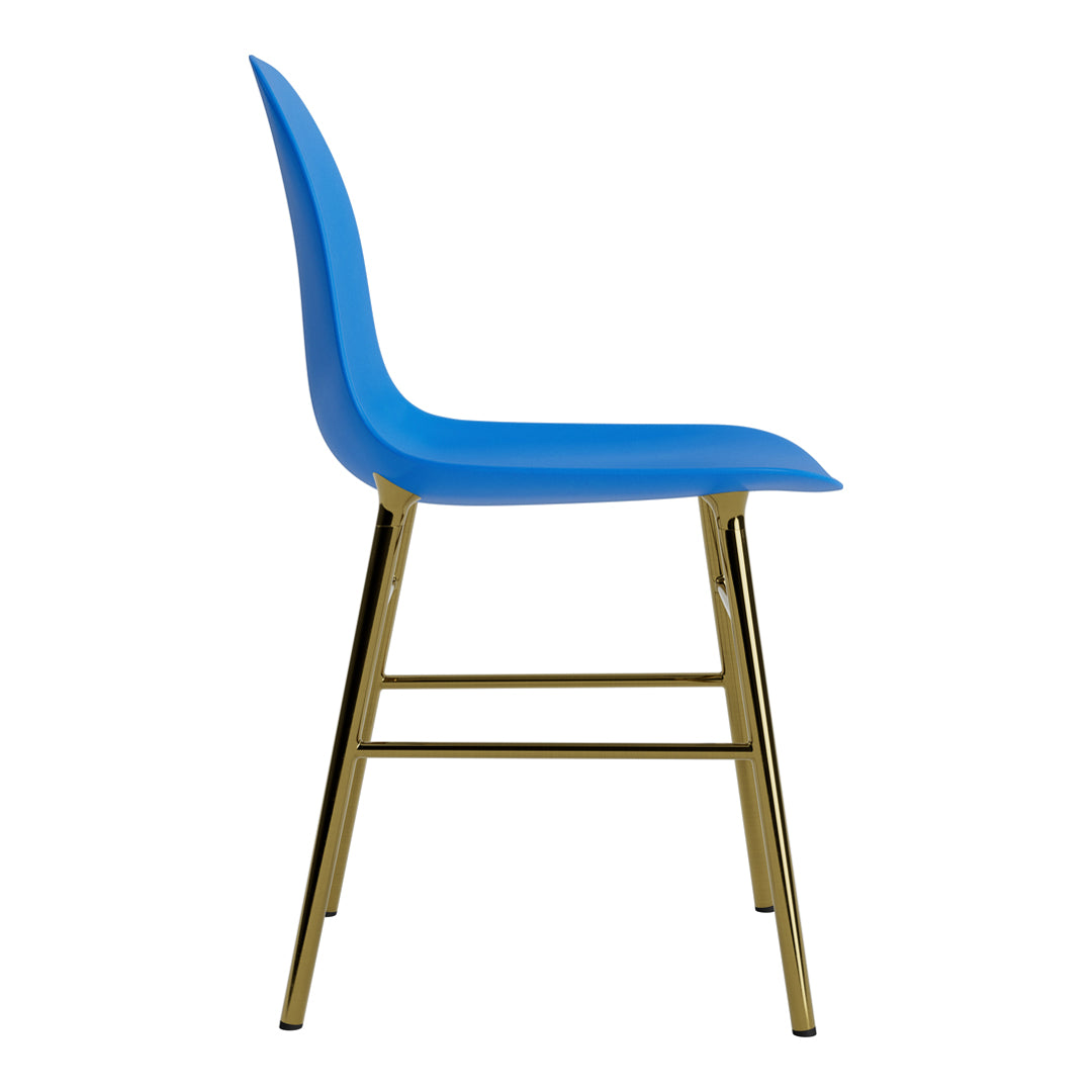 Side view of a vibrant blue chair with a smooth finish and sleek gold legs, highlighting a modern and stylish design.