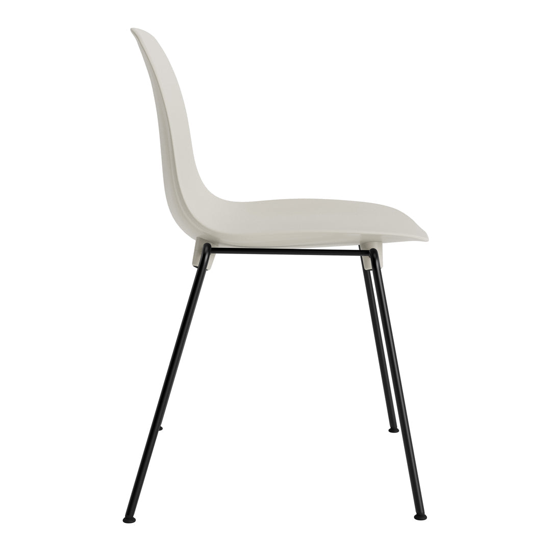 Side view of a sleek, modern chair featuring a white seat and black metal legs. Minimalist design, no patterns.