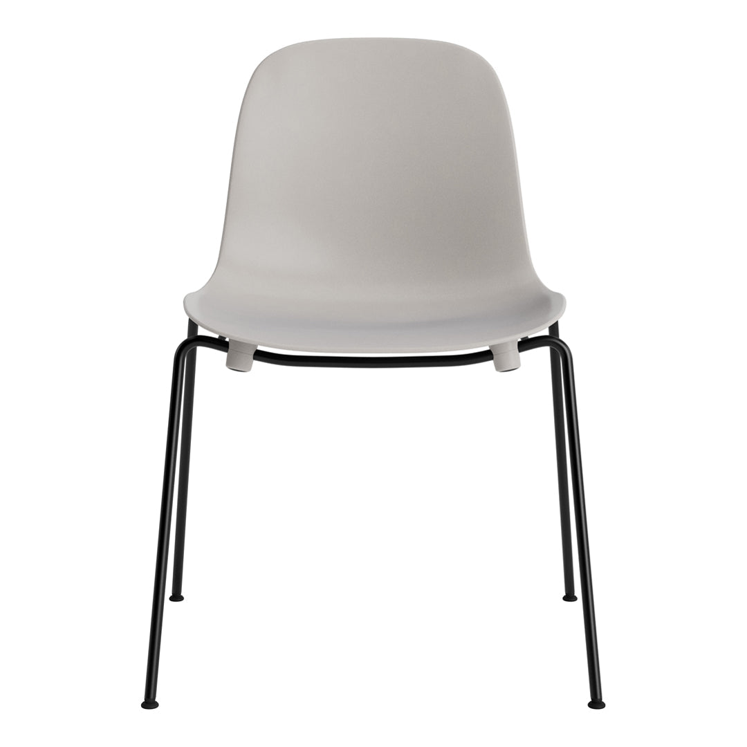 Gray plastic chair with a sleek design, featuring a smooth finish and contrasting black metal legs.