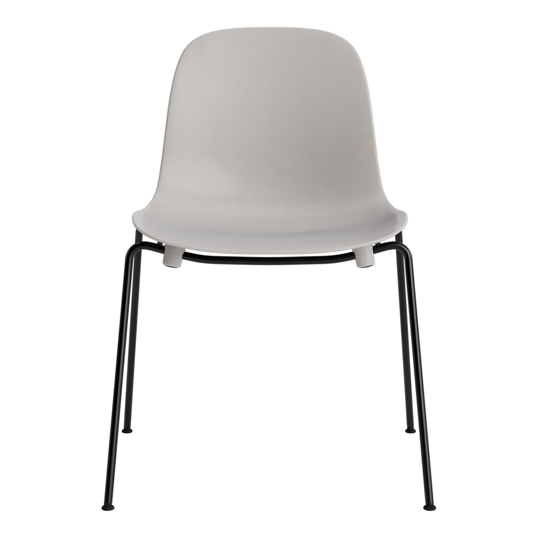 Gray plastic chair with a sleek design, featuring a smooth finish and contrasting black metal legs.