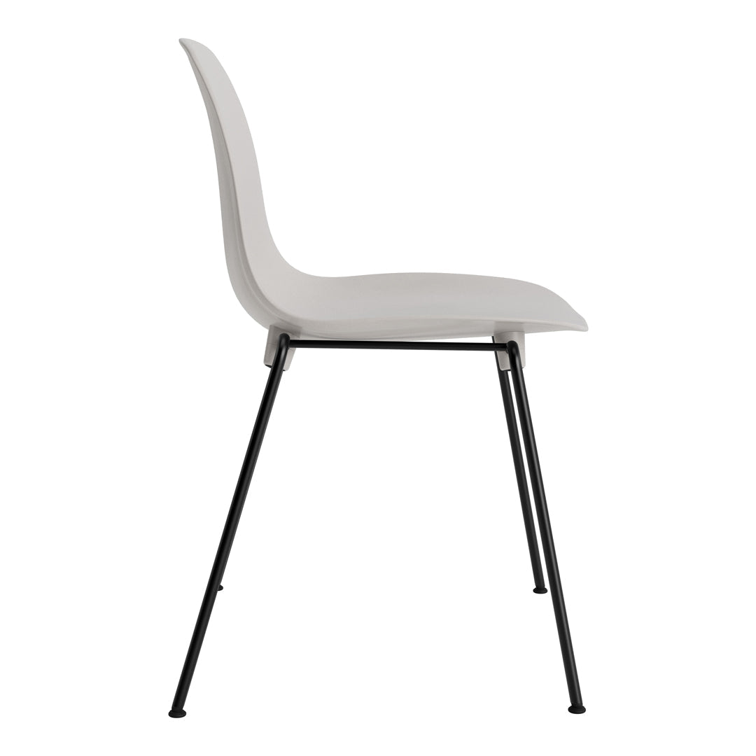Sleek white chair with smooth curves and minimalist black metal legs, perfect for modern decor.