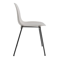 Sleek white chair with smooth curves and minimalist black metal legs, perfect for modern decor.