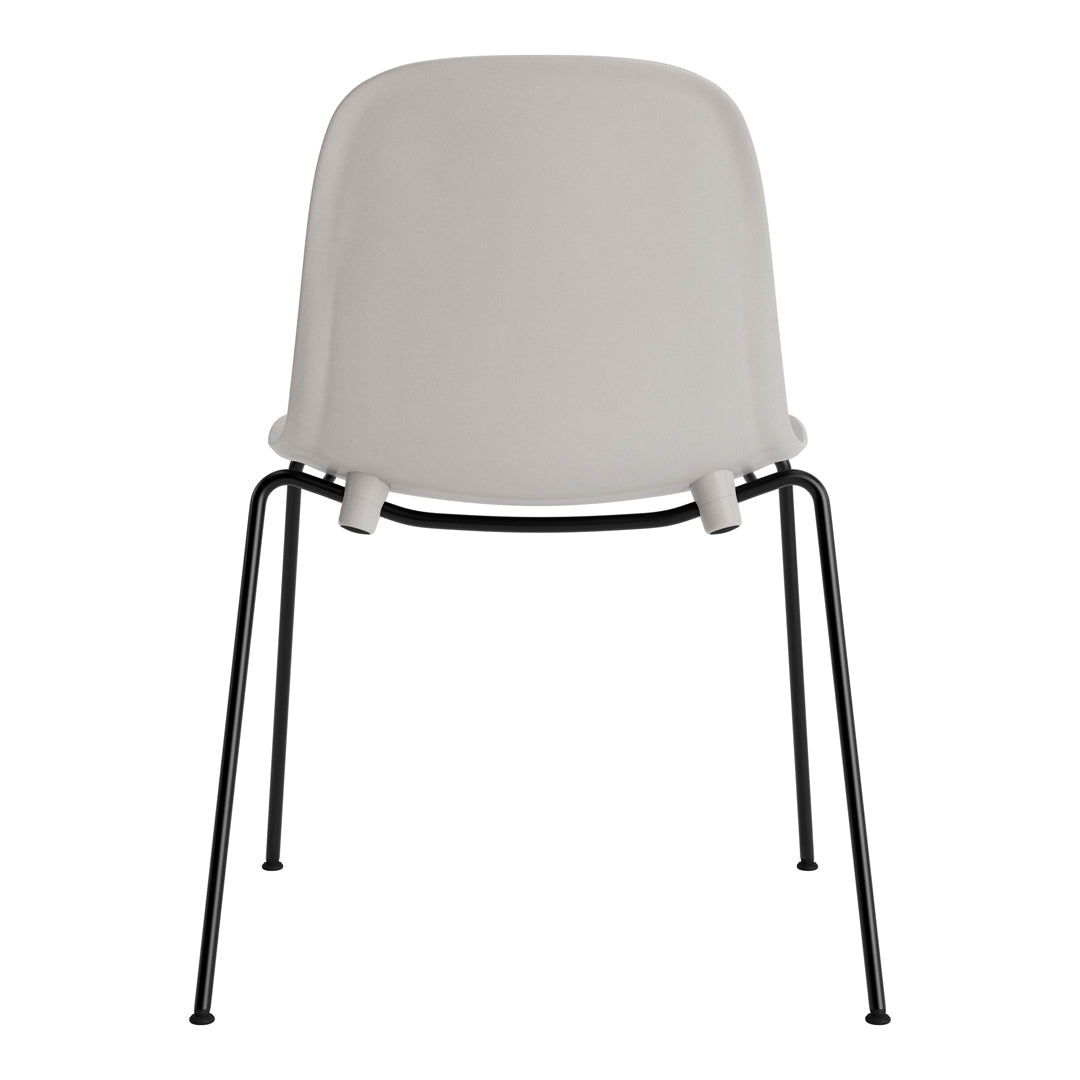 Gray chair with a minimalist design and smooth finish, featuring black metal legs for contrast. Perfect for modern decor.