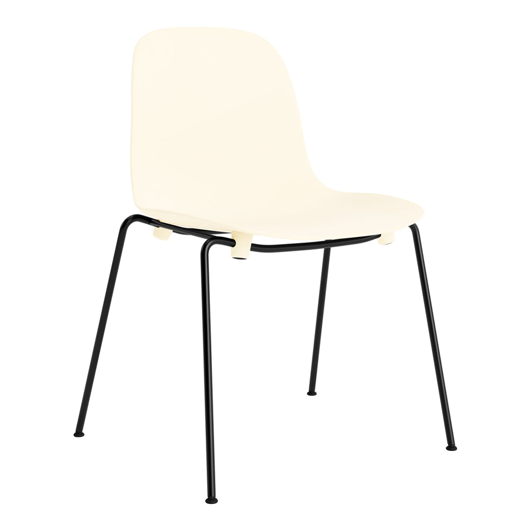 Minimalist cream chair with sleek black metal legs, featuring a smooth, solid surface. Ideal for modern decor.