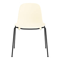 Ivory chair with a sleek black metal frame, minimalistic design with smooth, solid colors. Perfect for modern decor.