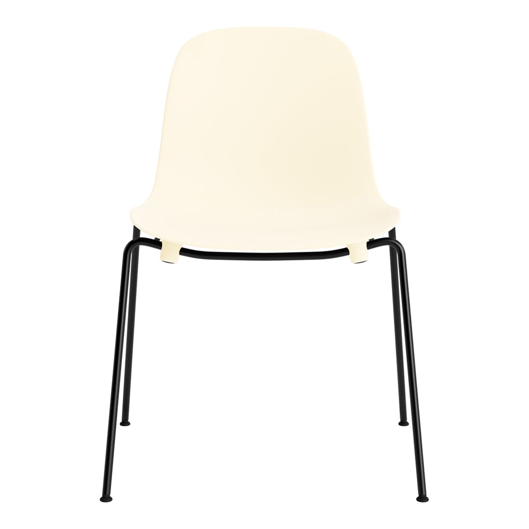 Ivory chair with a sleek black metal frame, minimalistic design with smooth, solid colors. Perfect for modern decor.