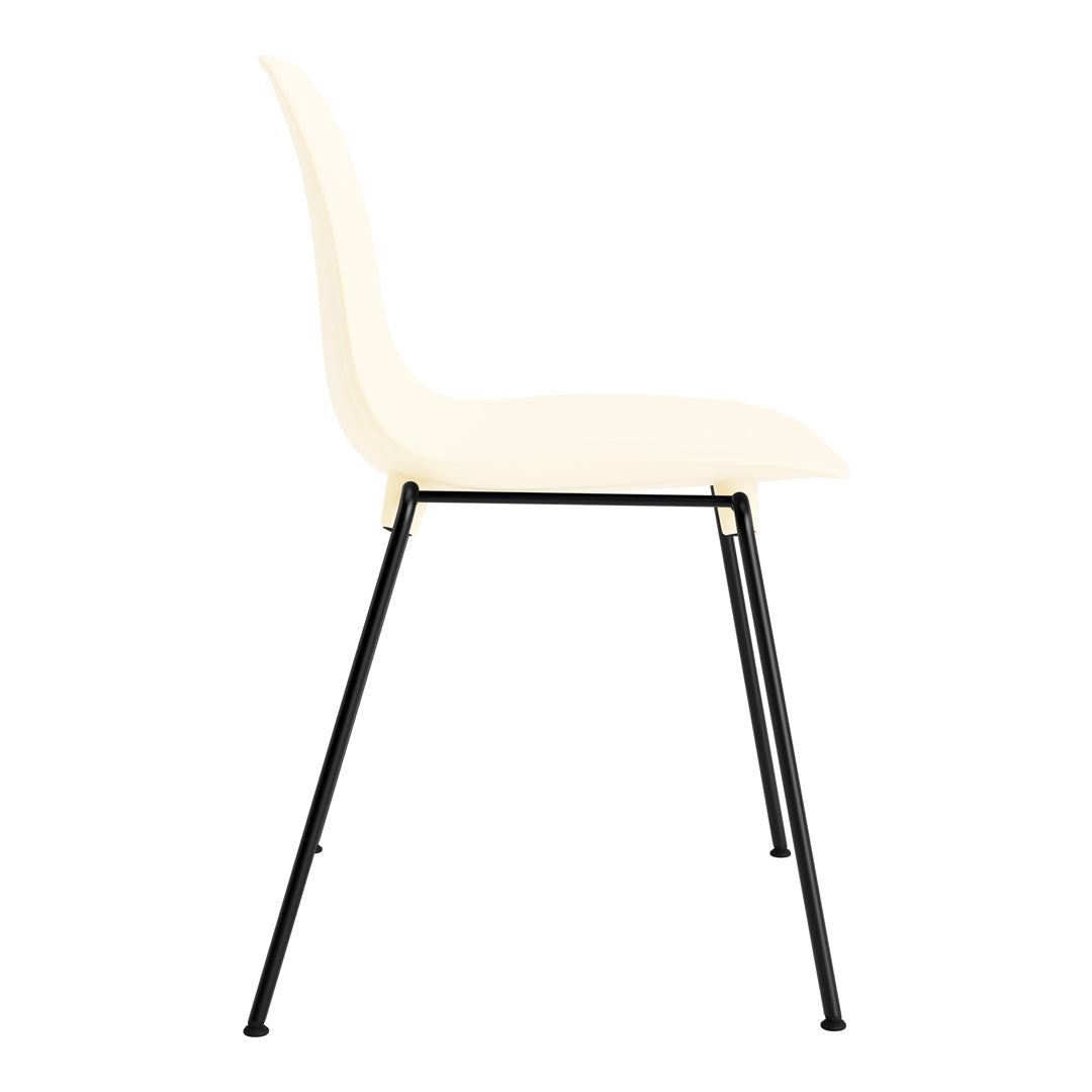 Cream chair with sleek black metal legs, minimalist design, and smooth, solid coloring. Perfect for modern decor.