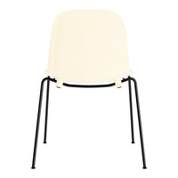 Cream-colored chair with a sleek black metal frame, minimalist design, perfect for modern interiors.