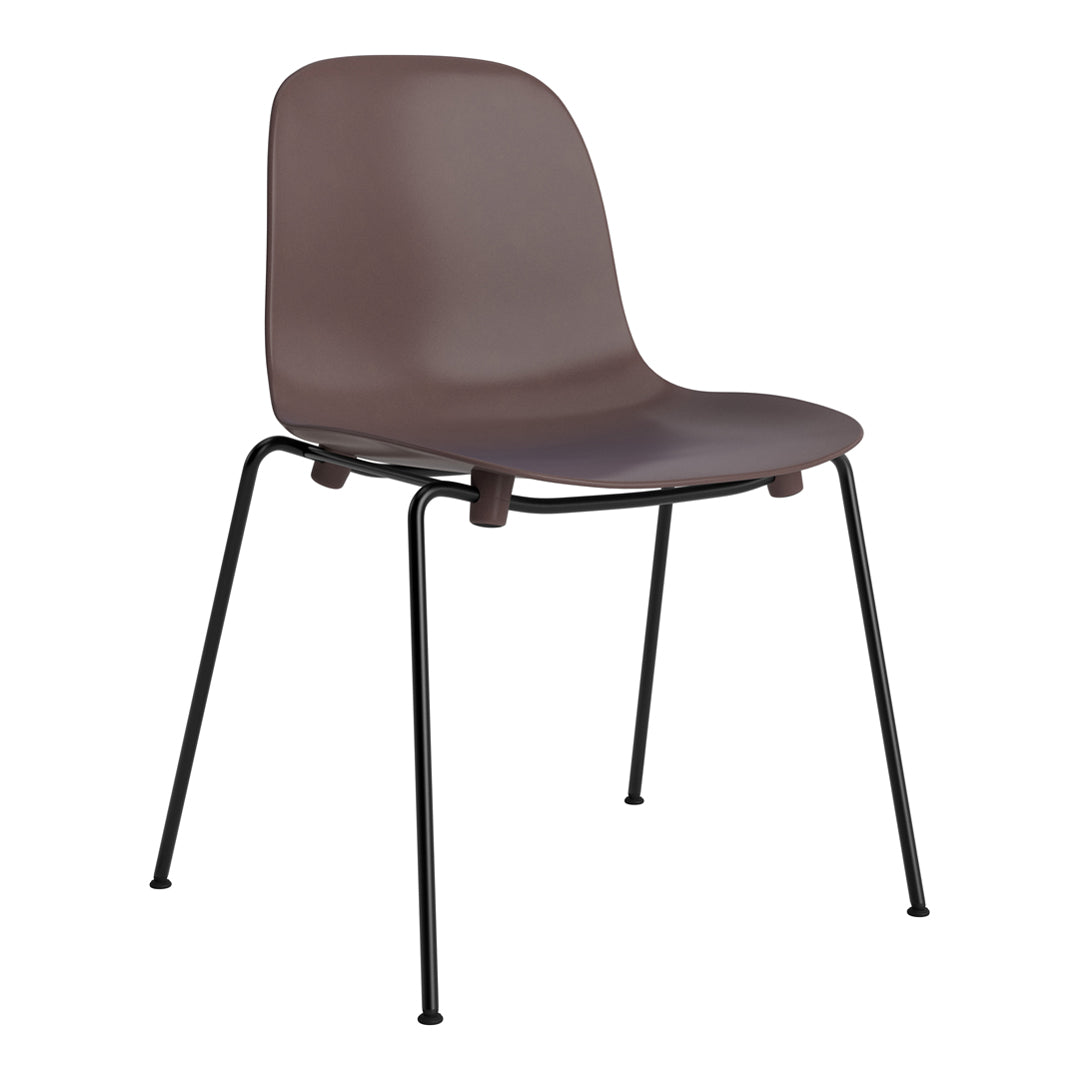 Brown plastic chair with a smooth, matte finish and sleek black metal legs. Simple, modern design.