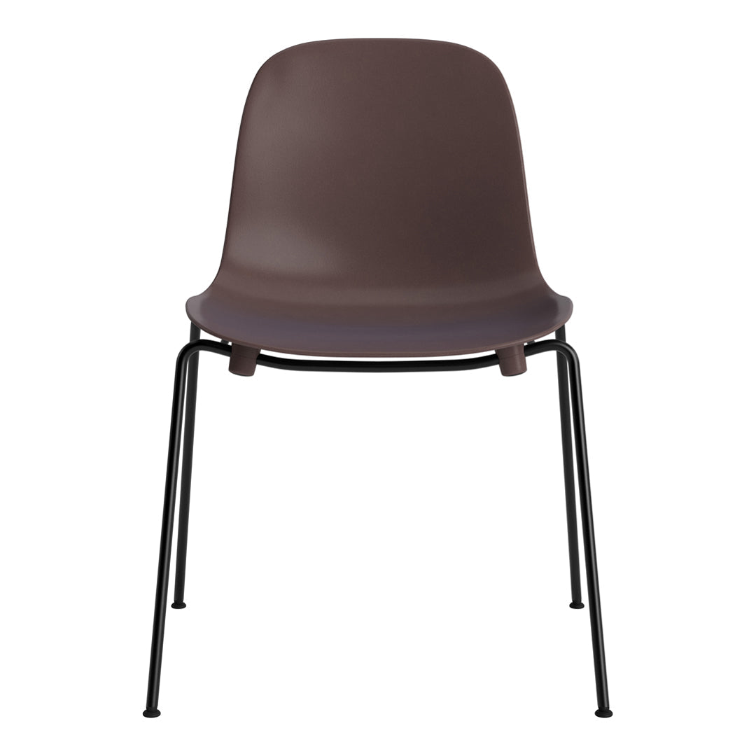 Modern brown chair with a smooth finish, supported by sleek black metal legs. Minimalist design and solid color.