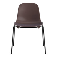 Modern brown chair with a smooth finish, supported by sleek black metal legs. Minimalist design and solid color.