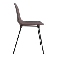Modern brown plastic chair with sleek black metal legs, featuring a minimalist design and smooth surface.