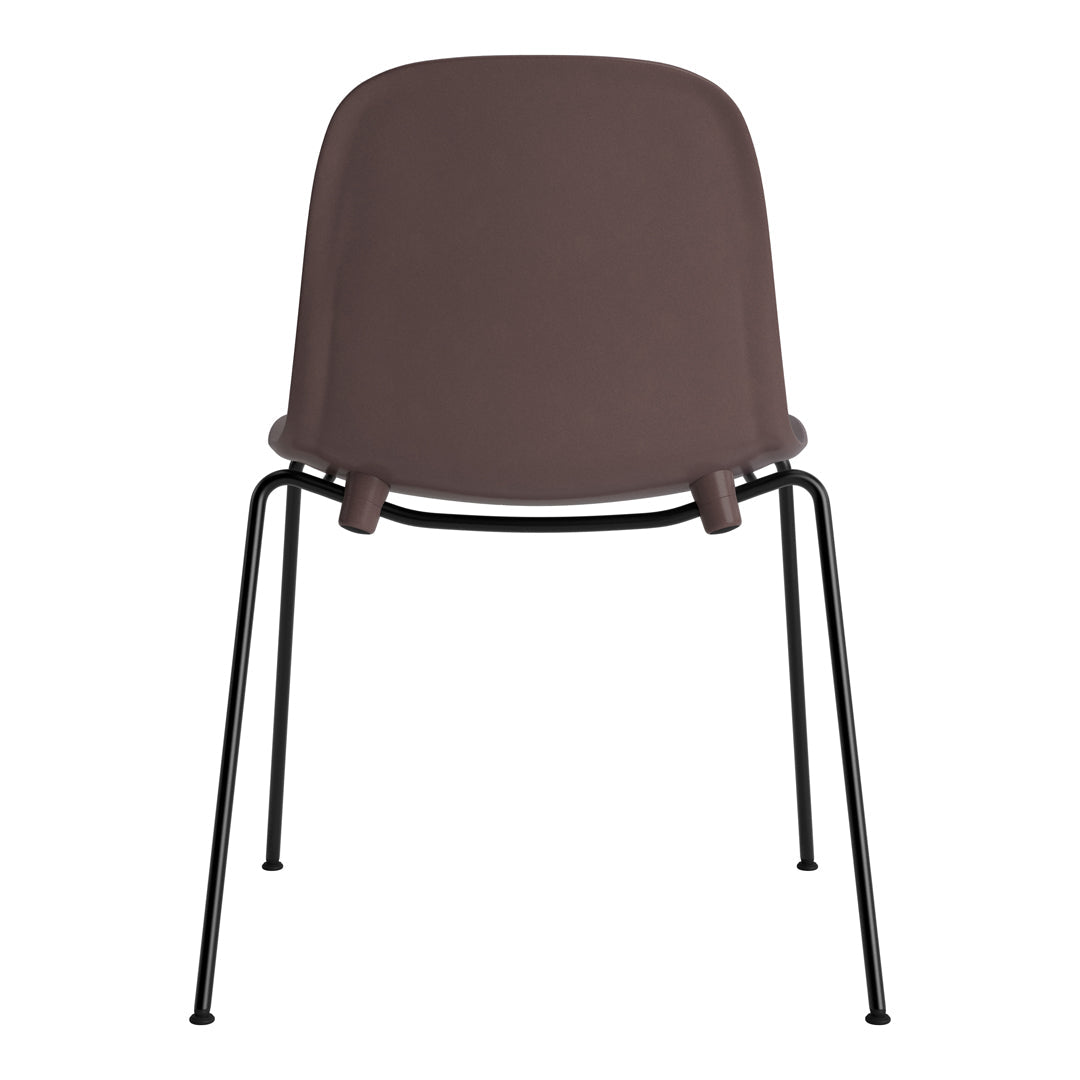 Brown upholstered chair with a sleek, minimalist design and black metal legs. Ideal for modern decor.