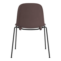 Brown upholstered chair with a sleek, minimalist design and black metal legs. Ideal for modern decor.