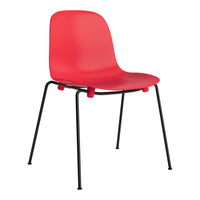 Bright red chair with a smooth plastic seat and slender black metal legs, perfect for modern decor.