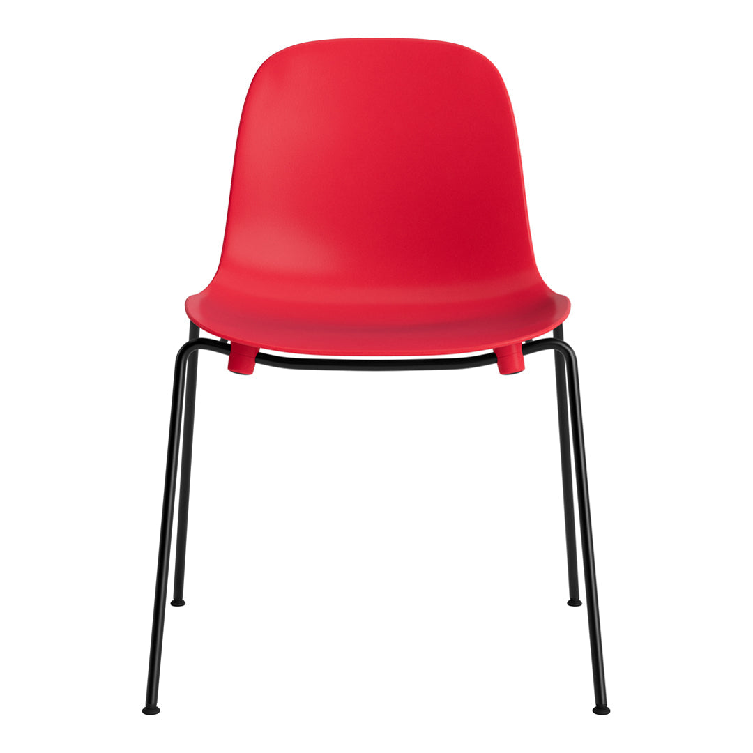 Bright red chair with a smooth finish and sleek black metal legs, perfect for modern decor.